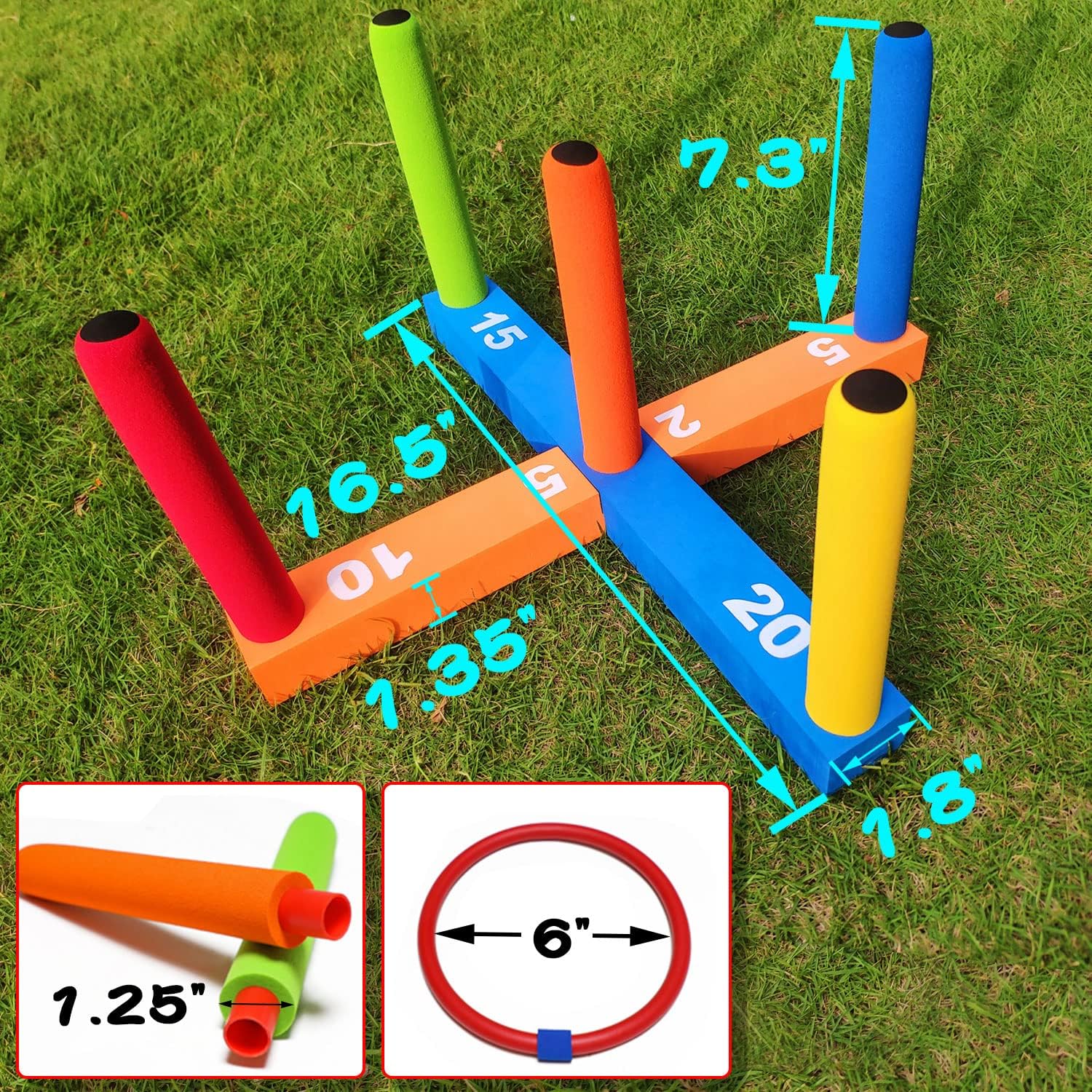 Skiennix Ring Toss Game - Fun Indoor & Outdoor Family Game with 5 Poles, 2 Bases & 16 Colorful Rings