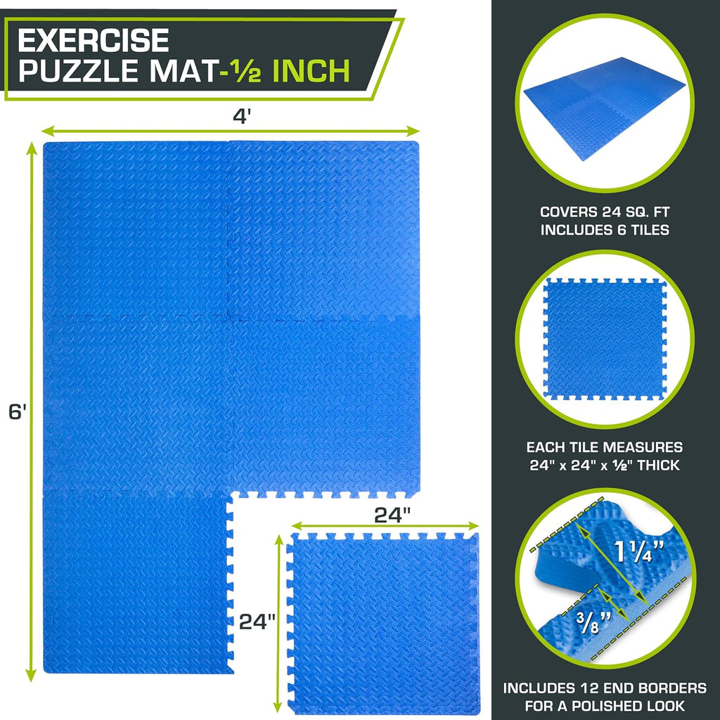 ProsourceFit Puzzle Exercise Mat - EVA Interlocking Foam Tiles for Home Gym | Blue, 24" x 24" x ½" - 6 Tiles