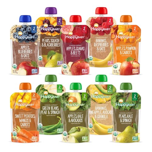 Happy Baby Organics Stage 2 Baby Food Pouches - Gluten Free Vegan Puree Variety Pack | 4 Ounces (Pack of 10)