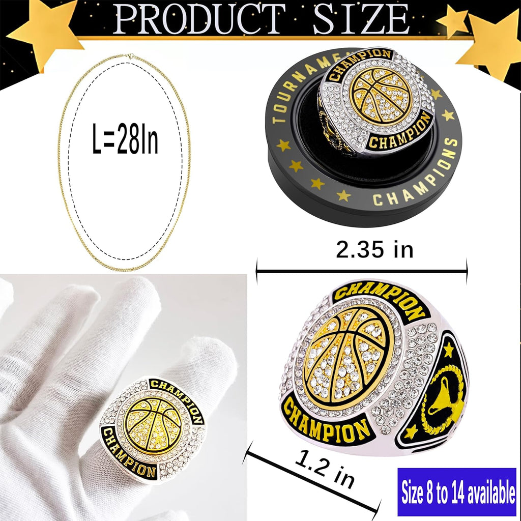 Skiennix Basketball Championship Ring Set - 12 Pcs Trophy Awards with Display Chain & Stand