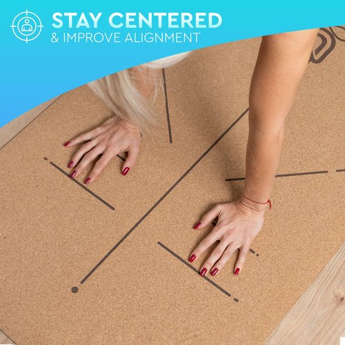 Ohmsana Natural Cork Yoga Mat with Alignment Lines and 55 Instructional Cards in 7 Themes for Beginner - Non-Slip Eco Friendly - 183x66x5mm for Home Workouts, Balance & Precision