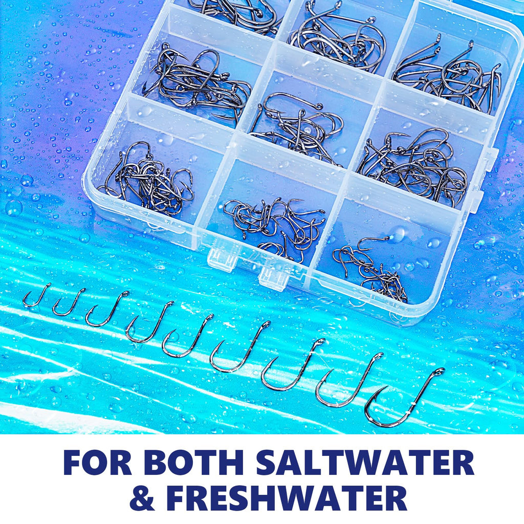 UCEC Small Fishing Hooks Freshwater, 150PCS Barbed Octopus Hook Kit, Catfish Circle Hooks Saltwater Fishing Hook Set High Carbon Steel Size #1#2#3#4#5#6#8#10#12