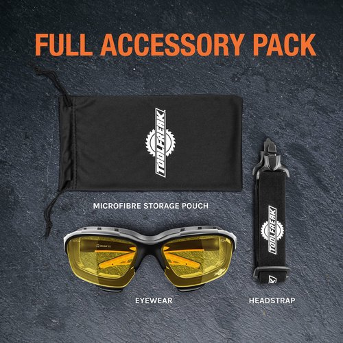 ToolFreak Spoggles Safety Glasses HD Yellow Polycarbonate Lens, Impact Protection, Foam Padded, ANSI Z87 Rated, Head Strap and Carry Pouch