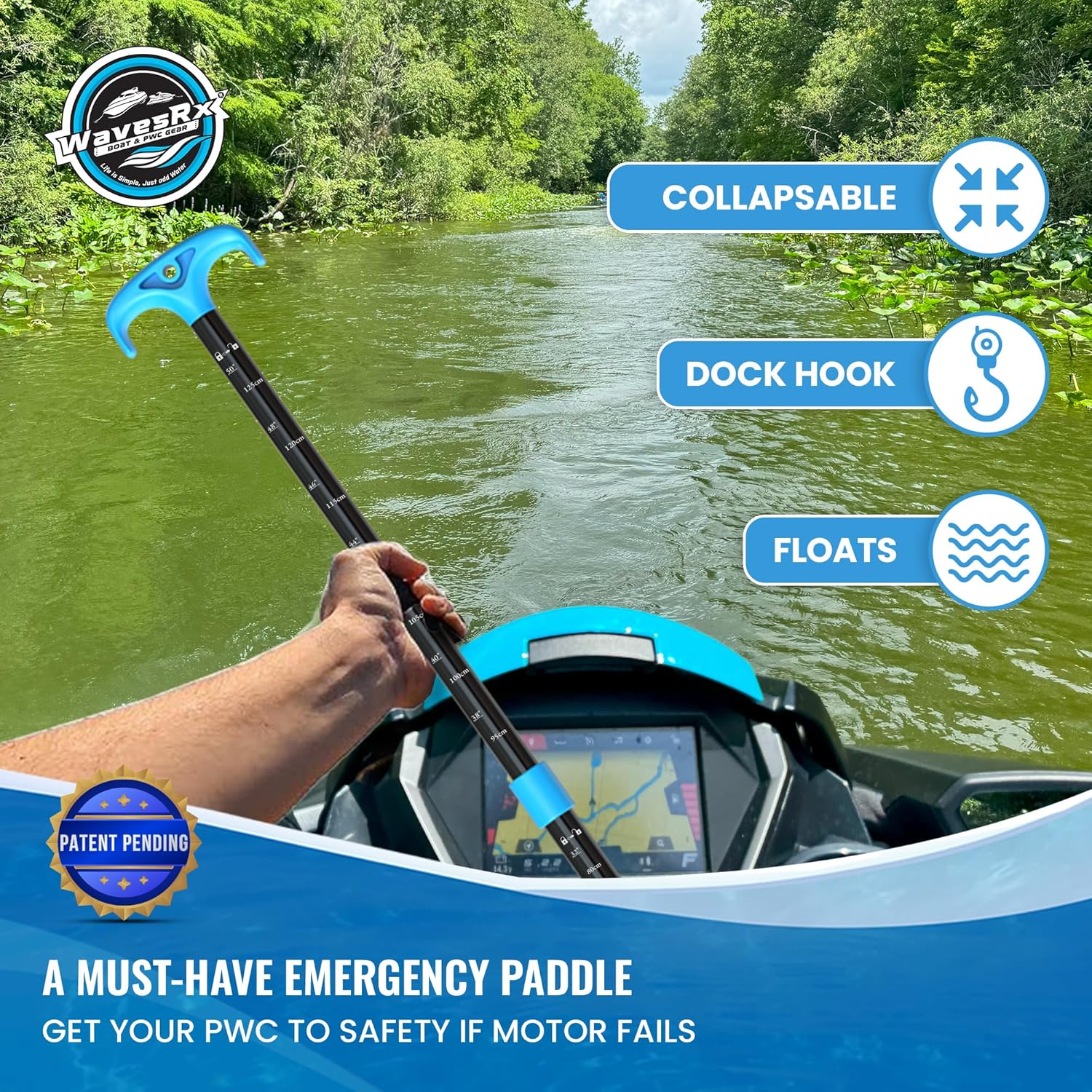 WAVESRX Telescoping Paddle - Adjustable 24" to 54" Emergency Oar with Docking Hook & Depth Gauge for Boating