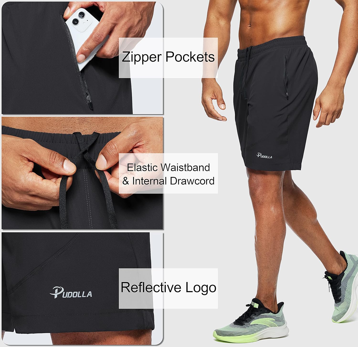 Pudolla Men's Running Shorts - Lightweight Athletic Gym Shorts with Zipper Pockets | 7"/5"/9" Options
