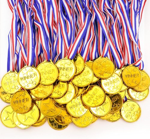 Gold Plastic Winner Award Medals by [Brand Name] - 50 Pack with Ribbon Necklaces for Sports & Competitions