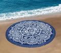 COTTON CRAFT Round Beach Towel Blanket - Plush 100% Cotton 5-Foot Boho Mandala Design - Blue with Fringe