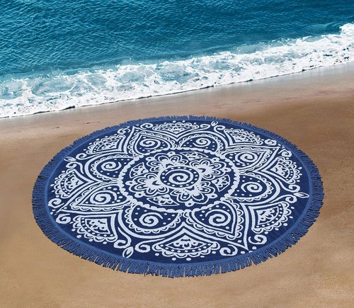 COTTON CRAFT Round Beach Towel Blanket - Plush 100% Cotton 5-Foot Boho Mandala Design - Blue with Fringe
