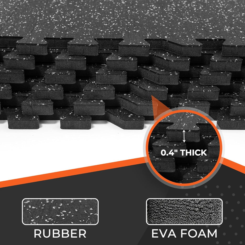 SUPERJARE Rubber Top Exercise Mats - 0.4'' Thick, 24 Pcs, 96 Sq Ft Interlocking Gym Flooring | Black/Grey