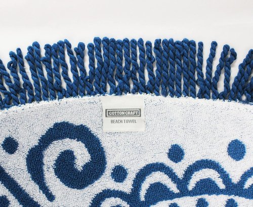 COTTON CRAFT Round Beach Towel Blanket - Plush 100% Cotton 5-Foot Boho Mandala Design - Blue with Fringe
