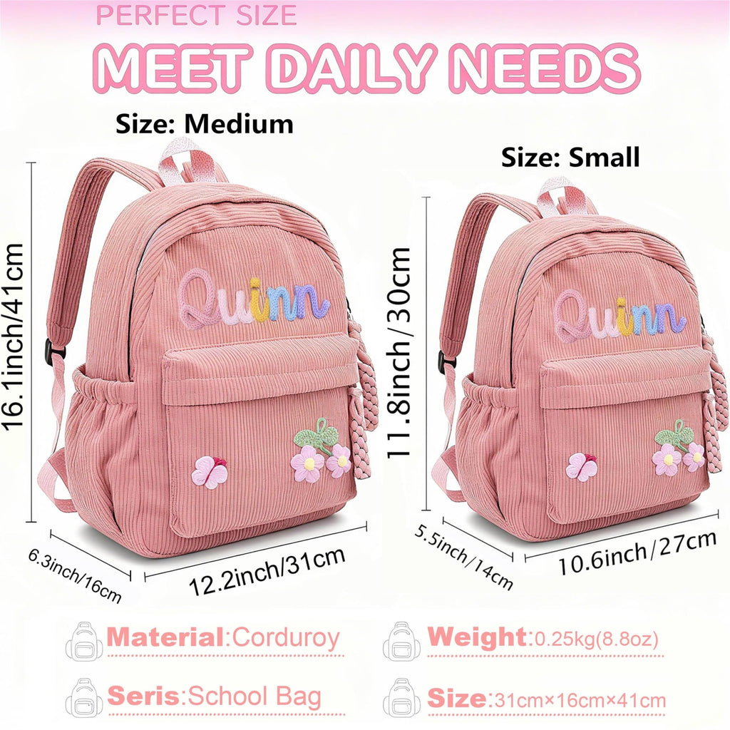 JUPPE Personalized Corduroy Kids Backpack, Custom Name Schoolbag, Preschoolers and Elementary School Students, Available in Medium and Small Sizes, Ages 1-6 or 3-14