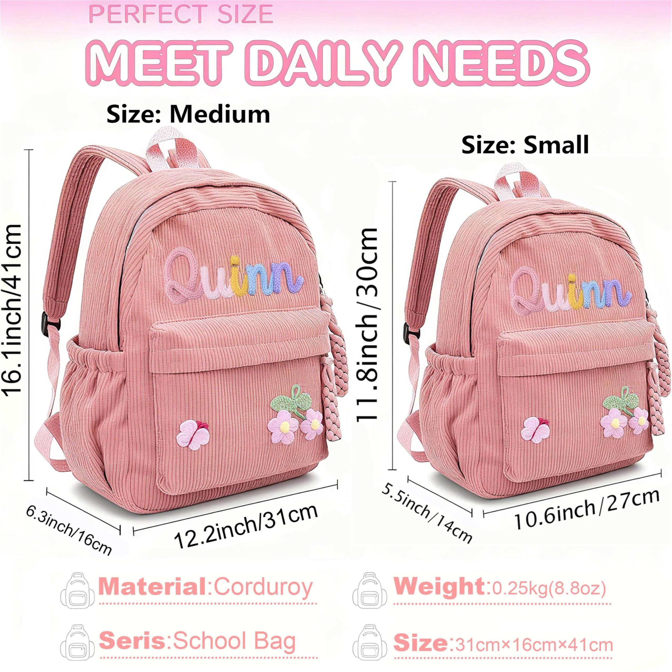 JUPPE Personalized Corduroy Kids Backpack, Custom Name Schoolbag, Preschoolers and Elementary School Students, Available in Medium and Small Sizes, Ages 1-6 or 3-14