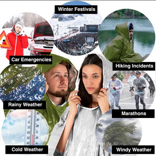 aZengear Emergency Survival Poncho (4pc) Thermal Mylar Foil Blanket for Heat Retention and Rain | Reversible with Hood | Waterproof, Windproof, Portable, Hands-Free, Outdoor Kit (Green)