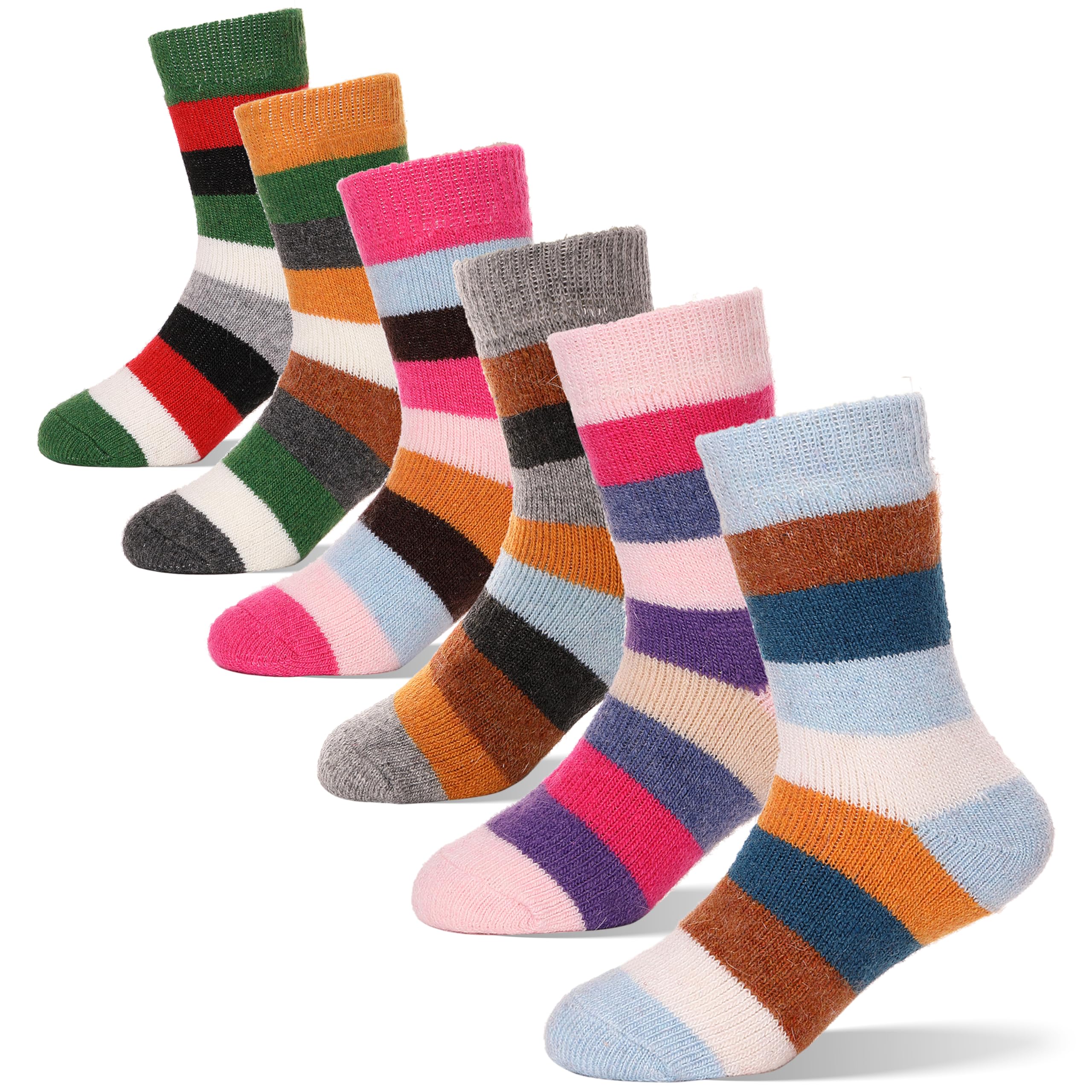 ProEtrade Merino Wool Socks for Kids Toddlers Boys Girls Thick Warm Winter Hiking Heavy Thermal Cozy Crew Boot Gift Socks 6 Pack(Colorful Stripes,4-7 Y)