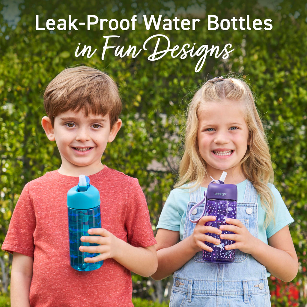 Bentgo Kids Water Bottle - Leak-Proof, Durable Tritan PFAS- & BPA-Free 15 fl oz, Kids/Toddlers Ages 3+ for School & Sports; Bite & Sip Spout, Carrying Handle, Dishwasher Safe (Sharks)