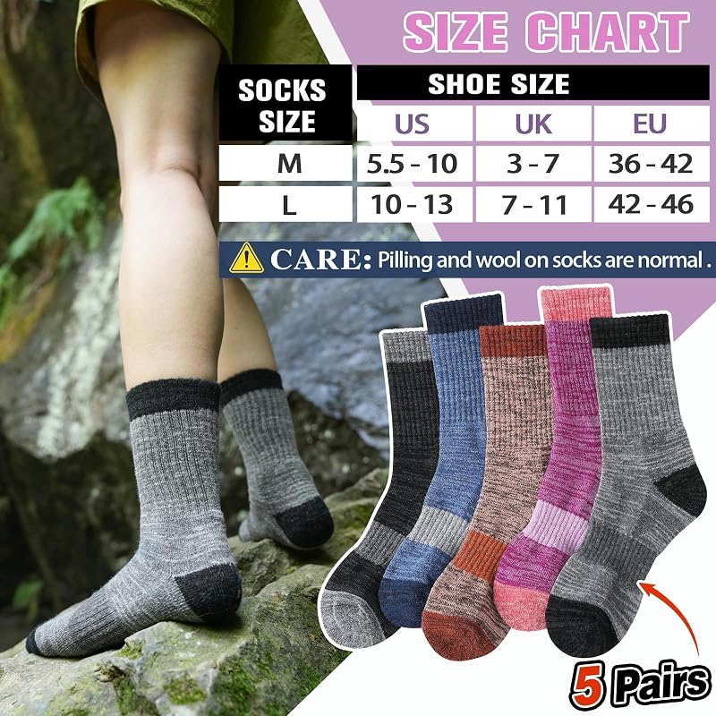 Merino Wool Hiking Socks for Women - Thermal, Cushioned, Moisture-Wicking, 5 Pairs (Black/Gray/Blue/Rose Red/Dark Caramel) Medium