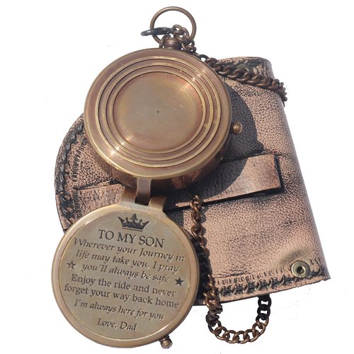 Brass Engrved Compass for Men, Pocket Compass with Leather Case, Antique Handmade Religious Gift Idea for Graduation, Communion, Baptism (to My Son, Love Dad)