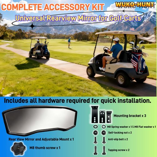 WUKO HUNT Golf Cart Rear View Mirror - Universal Racing Style Mirror with 3 Installation Kits & 360° Adjustable Ball Joint, Wide-Angle Clear HD Glass, Fits EZGO, Yamaha, Club Car, EPIC Golf Carts