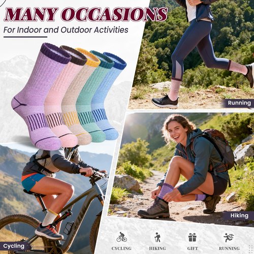 AMENLAN Women Merino Wool Hiking Socks Winter Thermal Boot Thick Warm Work Socks 5 Pairs (Purple Pink Green,Medium)