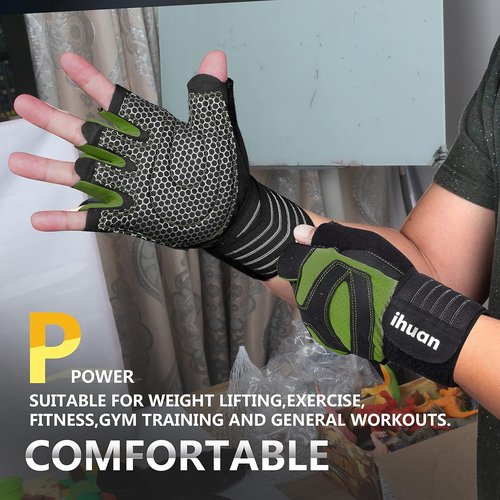 Ihuan Weight Lifting Gym Gloves - Ventilated Design with Wrist Wrap Support | Full Palm Protection for Men & Women