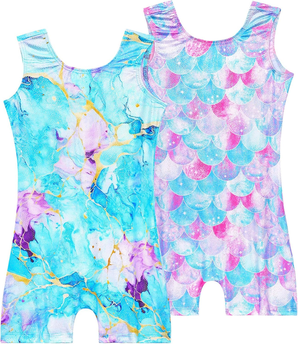 Skiennix 2 Pack Girls Gymnastics Leotards - Sparkly Sleeveless Tumbling Unitards with Shorts