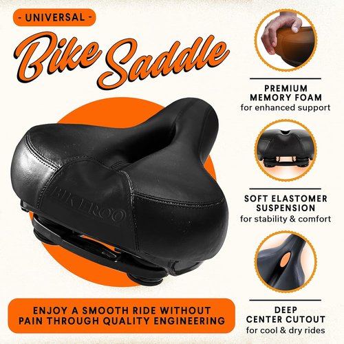 Bikeroo Comfort Saddle - Universal Fit for Indoor & Outdoor Bicycles | Center Cutaway for Pressure Relief & Memory Foam