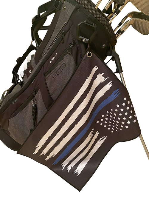 TrueBirdie Microfiber Golf Towel - Thin Blue Line Police American Flag Graphic Golf Towel with Carabiner