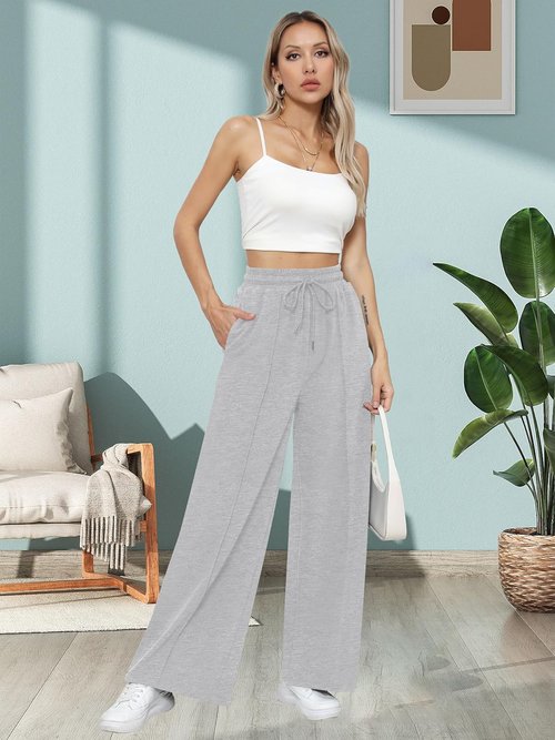 Missufe Women's High Waist Wide Leg Pants - Comfortable Casual Joggers with Pockets for Workouts