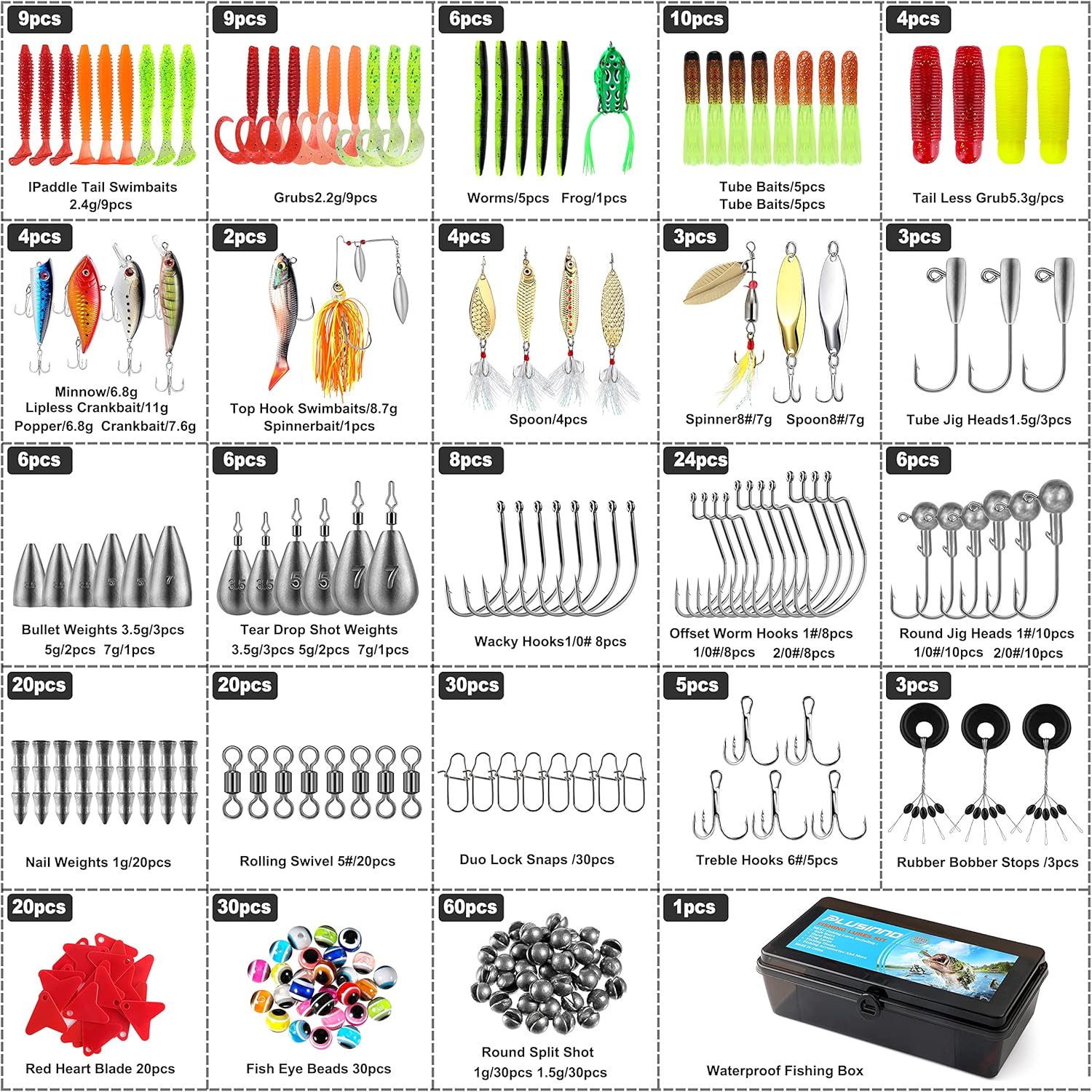 PLUSINNO Fishing Lures Tackle Box - Complete Fishing Accessories Kit for Bass & Trout, Saltwater & Freshwater