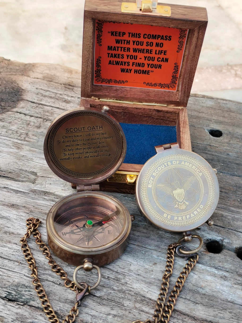SAYRA NAUTICALSS Personalized Brass Compass | Vintage Brass BOY Scout Oath Compass Personalized Compass with Woooden Box