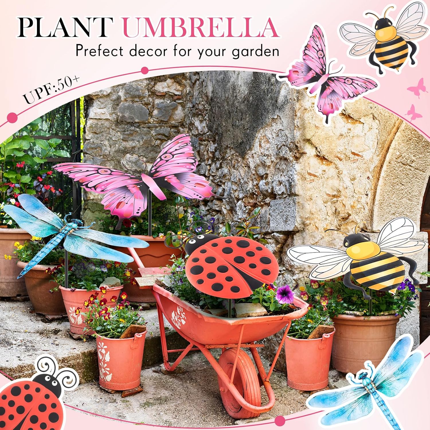 Reallnaive Small Plant Umbrellas - 4 Pack Cute Metal Garden Shade for Outdoor Potted Decor