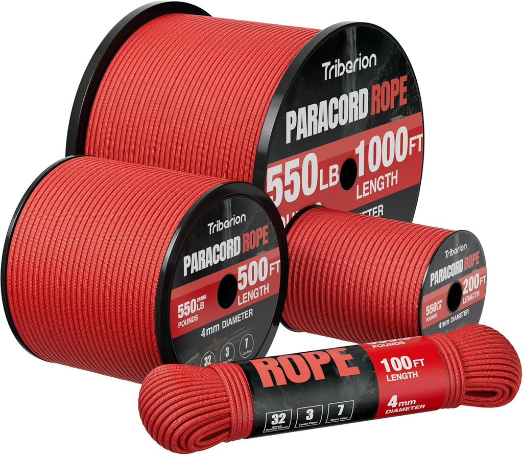 Paracord 550 lb | Heavy-Duty 50ft Parachute Cord - 4MM 7-Strand Survival Rope in Red