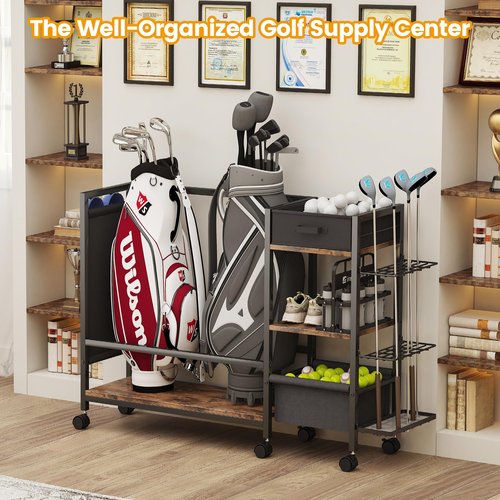 Golf Bag Storage Organizer for Garage, Golf Organizer with Extra Golf Rack and Side Fabric Bag for 20 Golf Clubs & Golf Essentials, Golf Bag Stand for Golf Bag Accessories, Ideal Golf Gifts for Men