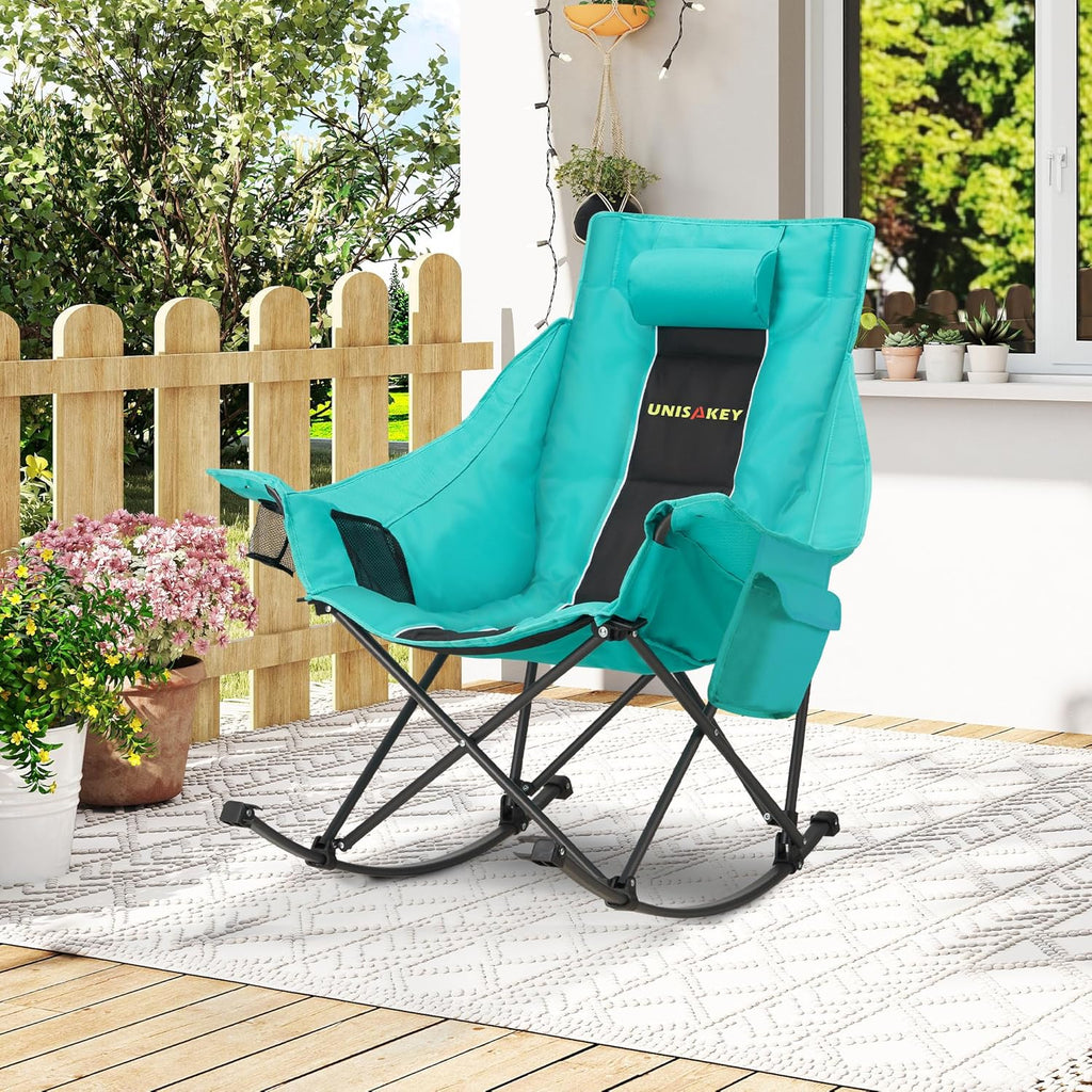 Unisakey Oversized Rocking Camping Chair - 400lbs Capacity, Headrest & Cup Holder, Portable Black/Green