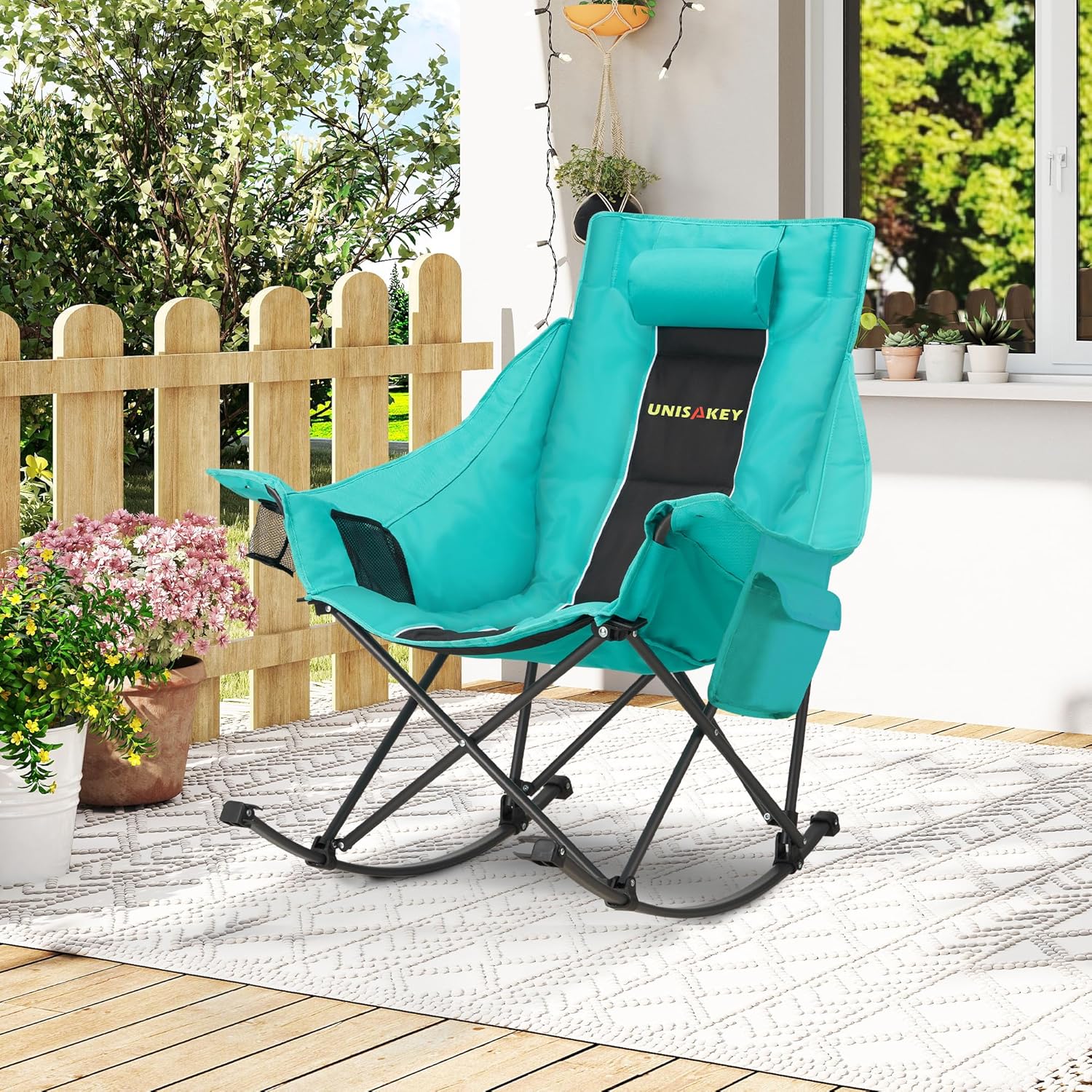 Unisakey Oversized Rocking Camping Chair - 400lbs Capacity, Headrest & Cup Holder, Portable Black/Green