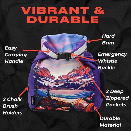 GNARLY DOOD Rocky Mountains Rock Climbing Chalk Bucket | for Bouldering Gym & Outdoor Use | Durable Hook & Loop Closure, 2 Zippered Pockets, Easy-Carry Handle