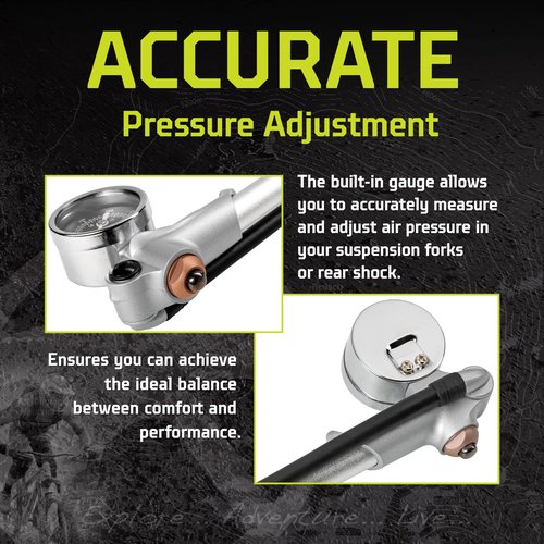 Kilimanjaro Bicycle Shock Pump with Aluminum Barrel and Shaft – Accurate Gauge for Suspension Forks and Rear Shocks – Durable Bike Repair Tool – 910550ECE