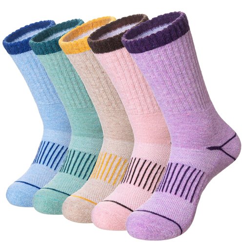 AMENLAN Women Merino Wool Hiking Socks Winter Thermal Boot Thick Warm Work Socks 5 Pairs (Purple Pink Green,Medium)
