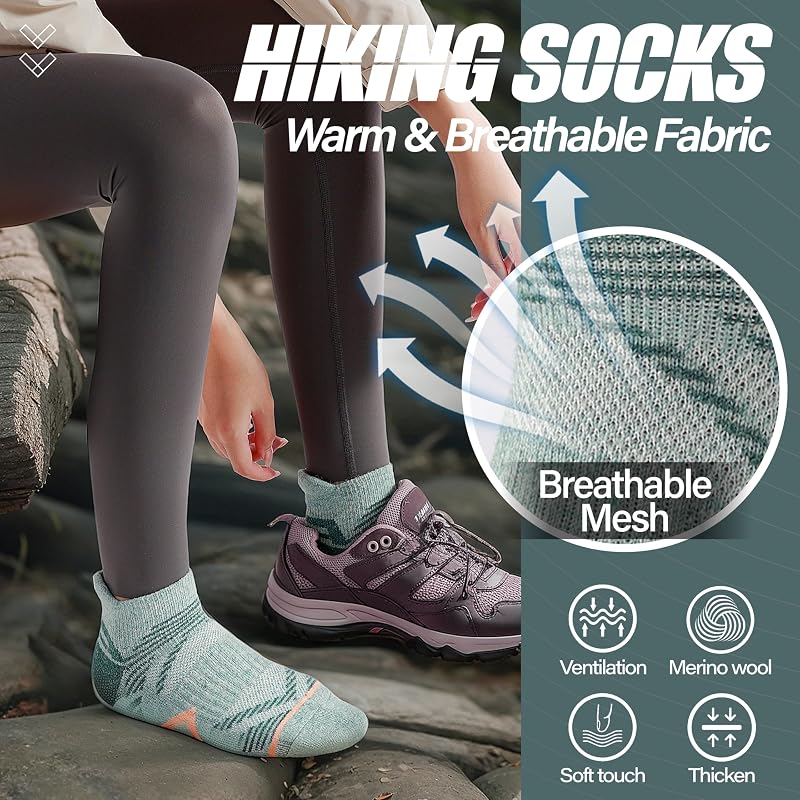 Merino Wool Ankle Hiking Socks for Men & Women - 5 Pairs, Medium (Beige/Purple/Light Pink/Green/Grey/Blue)