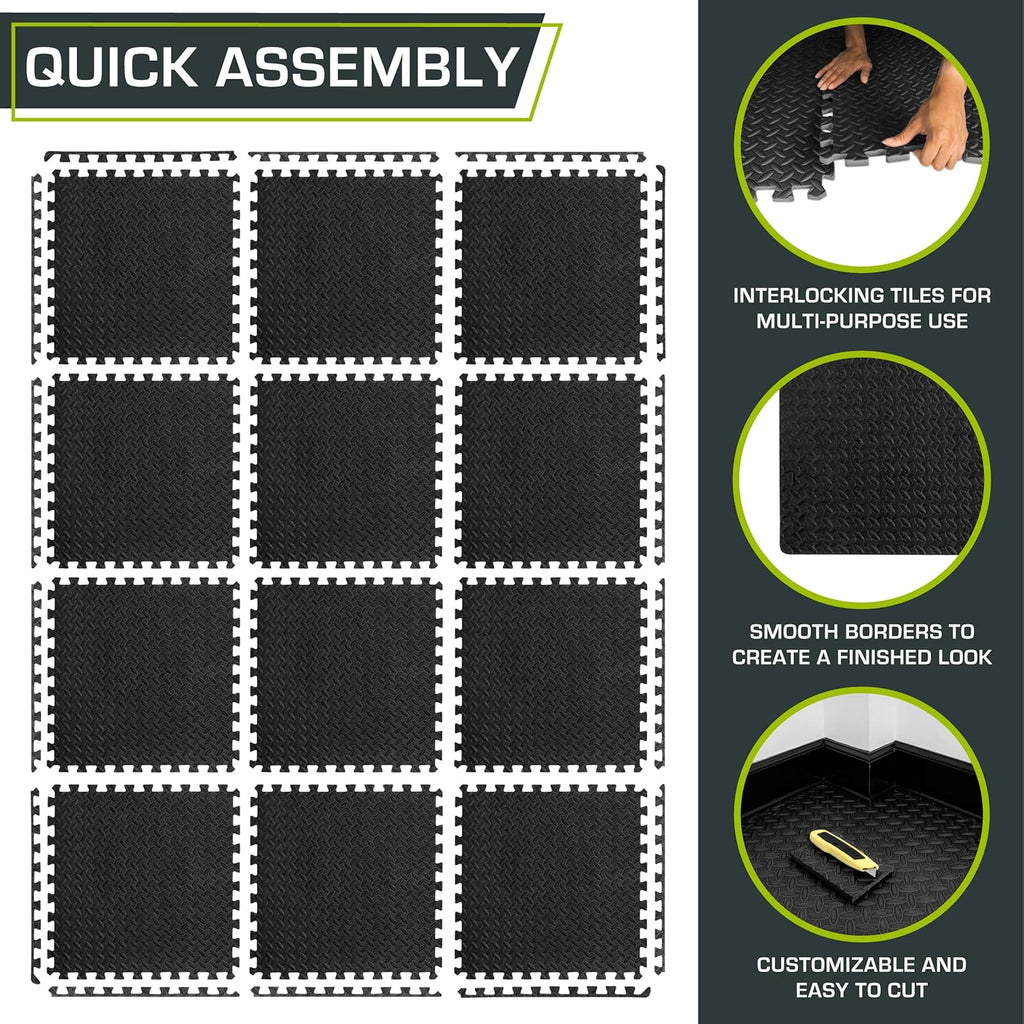 ProsourceFit Puzzle Exercise Mat - Water-Resistant EVA Foam Tiles for Home Gym | Black, 24"x24", 48 Sq Ft (12 Tiles)