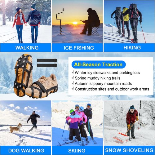 Ice Snow Cleats for Shoes and Boots 9 Studs Crampons Shoe Spikes for Snow and Ice Non-Slip Ice Shoes Grippers with Adjustable Straps Overshoe for Women Men Kids Hiking Walking Ice Fishing