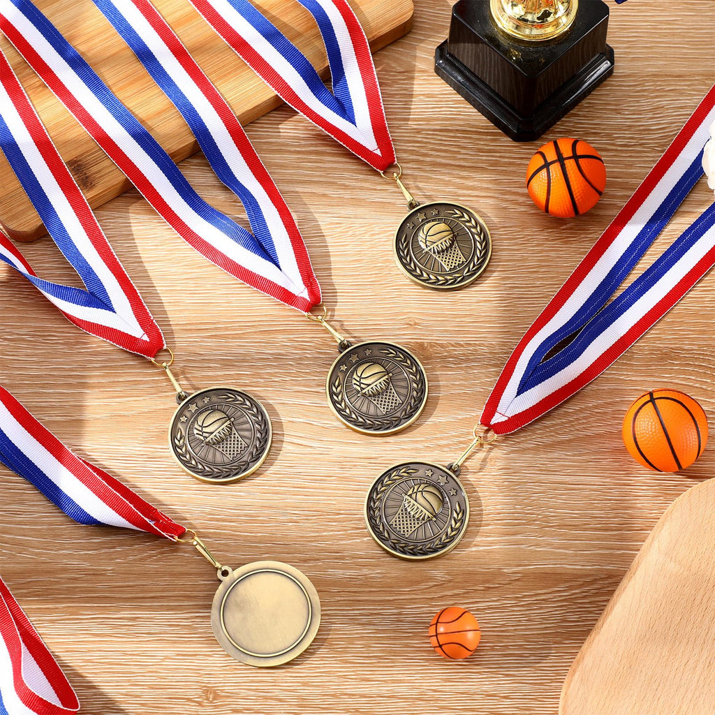 Loetere 60 Pcs Sports Award Medals Bulk 2 Inch Bronze Trophies with Neck Ribbons Football Basketball Baseball Soccer Cheerlead Winner Medal for Team Gift Sport Party Games Prize Supply(Basketball)