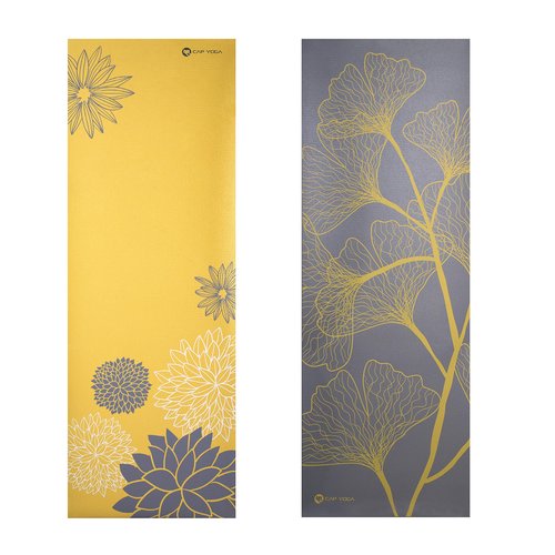 CAP Barbell Yoga Mat with Carry Strap, 5mm, Reversible Dahlia Design, Yellow/Gray