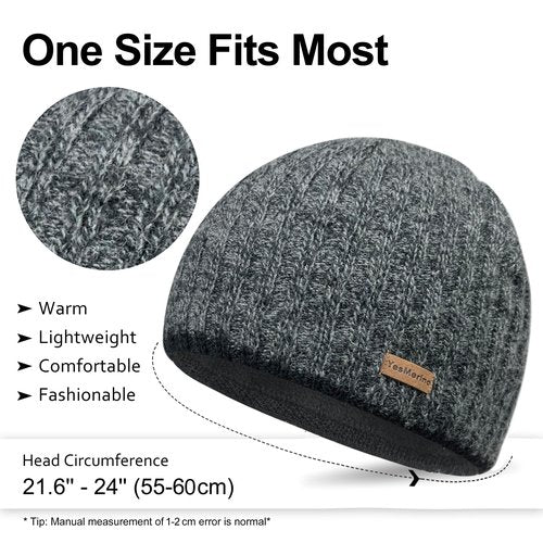 YesMerino Wool Blend Beanie, Fleece-Lined Hem – Soft Warm Lightweight Unisex Winter Hat for Outdoor & Gift, Charcoal Heather