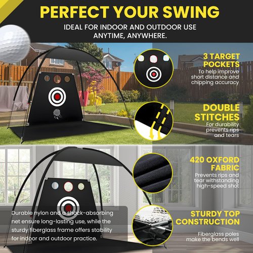 Golf Net, 10x7FT Home Golf Practice Net for Backyard, Golf Hitting Net with Tri-Turf Mat for Indoor & Outdoor, Practice Equipment, Backyard Driving Chipping Swing Training for Golfers