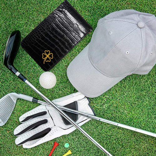 FINGER TEN Golf Scorecard Holder Leather Yardage Books Cover Lucky Clover with 2 Free Pencil Value Pack Deluxe Pocket Score Card Covers Gift for Men Women Golfer (Black)