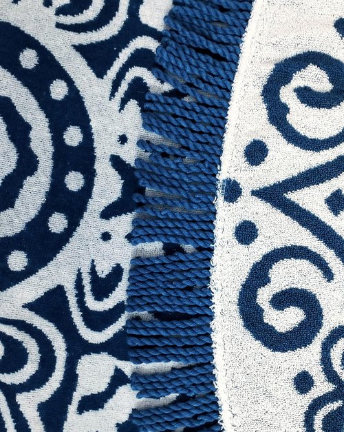 COTTON CRAFT Round Beach Towel Blanket - Plush 100% Cotton 5-Foot Boho Mandala Design - Blue with Fringe