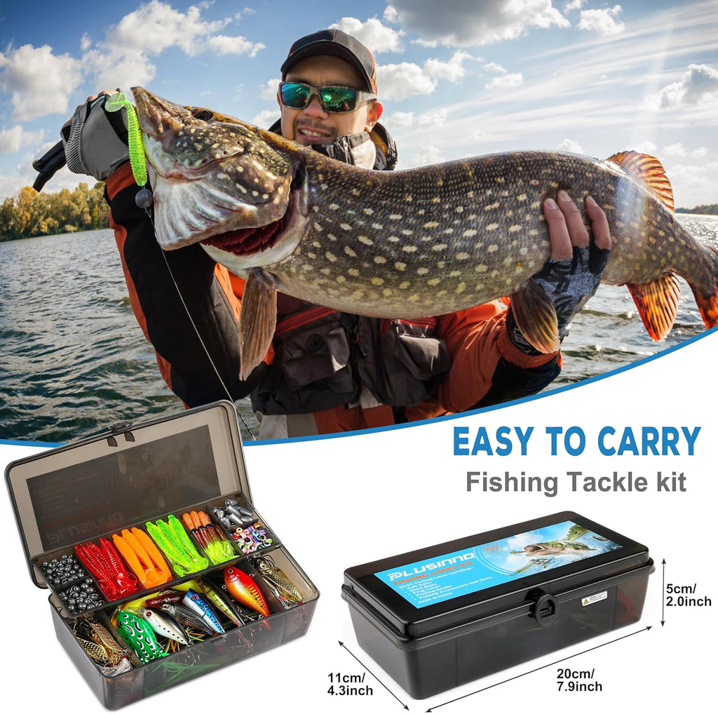 PLUSINNO Fishing Lures Tackle Box - Complete Fishing Accessories Kit for Bass & Trout, Saltwater & Freshwater