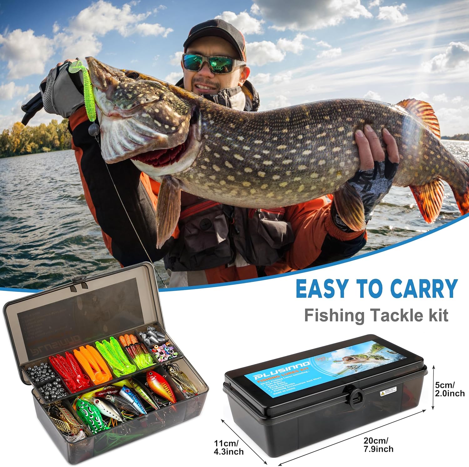 PLUSINNO Fishing Lures Tackle Box - Complete Fishing Accessories Kit for Bass & Trout, Saltwater & Freshwater