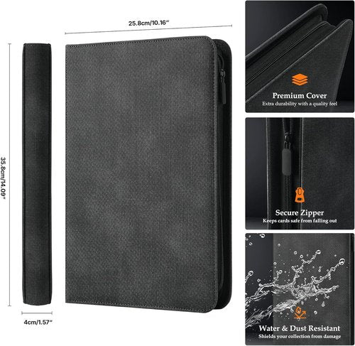 Card Binder 9 Pocket - Premium Durable Album for 360 Cards | Side-Loading Zipper Design, Black